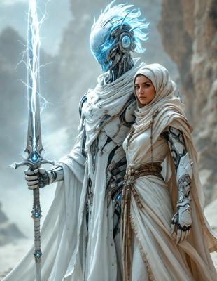 The primary subject of the image is a man and a woman standing together. The man is holding a sword, and the woman is wearing a white robe. They are standing in front of a rocky background, which adds to the overall atmosphere of the scene. The visual style of the image is digital art, as it appears to be a well-crafted illustration. The colors in the image are predominantly white, which gives the scene a clean and elegant appearance.